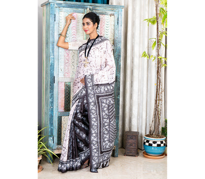 Kantha Stitch Work on Batik Printed Saree - White and Black - ArtisanSoul