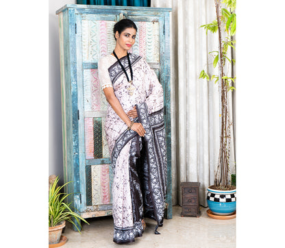 Kantha Stitch Work on Batik Printed Saree - White and Black - ArtisanSoul