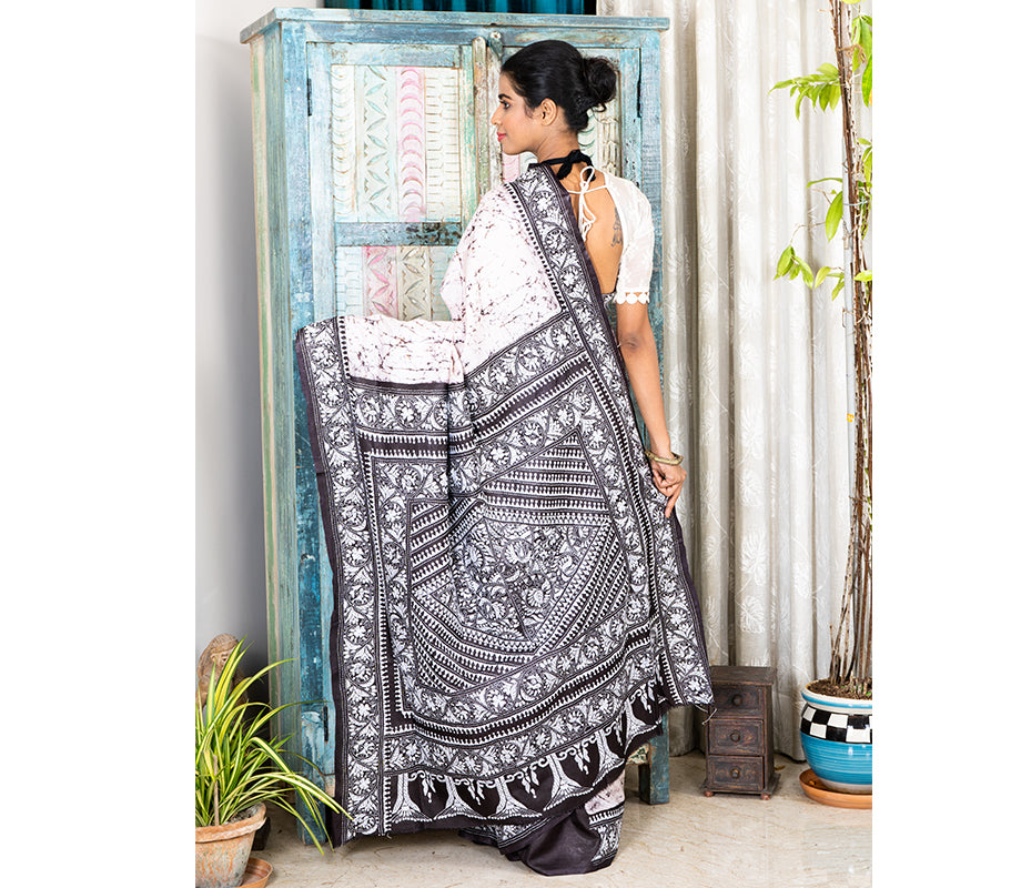 Kantha Stitch Work on Batik Printed Saree - White and Black - ArtisanSoul