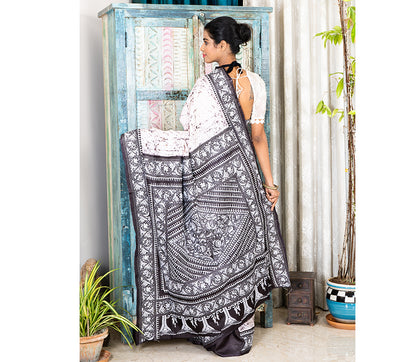 Kantha Stitch Work on Batik Printed Saree - White and Black - ArtisanSoul