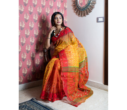 Handloom Jamdani Anchal Kuchi - Red and Yellow