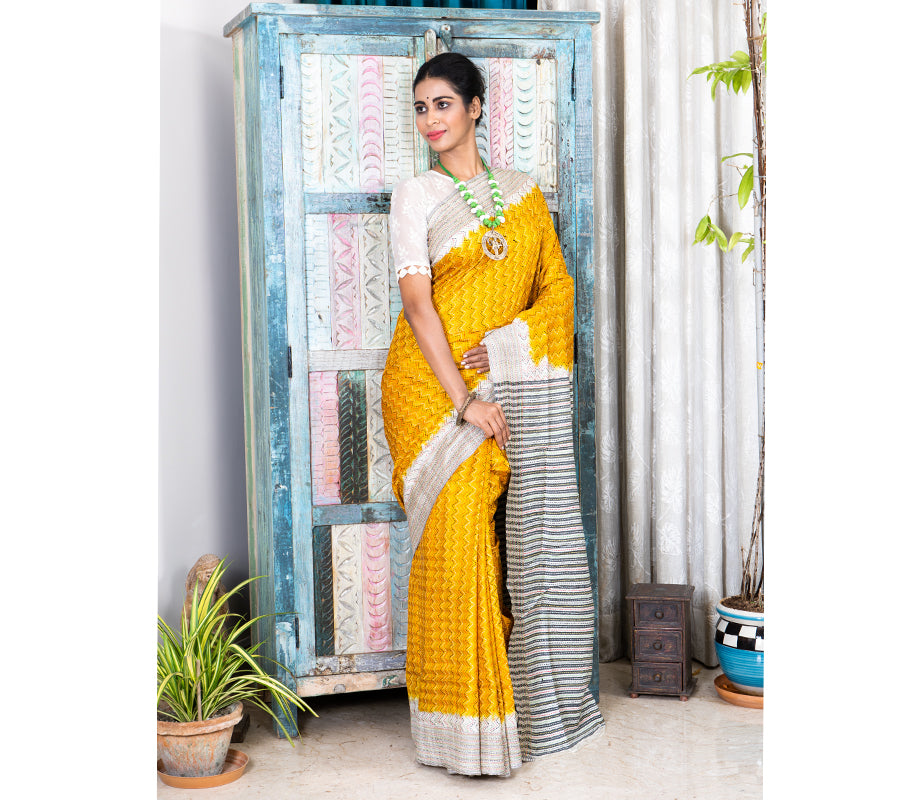 Kantha Stitch on Silk Saree with Jalchuri Pattern - Yellow - ArtisanSoul