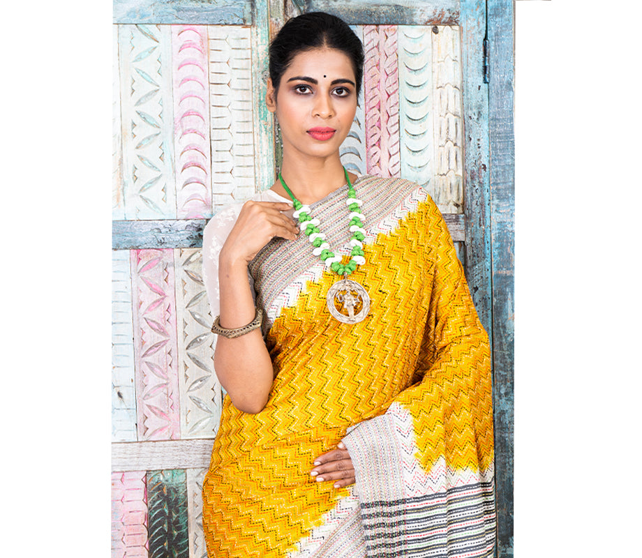 Kantha Stitch on Silk Saree with Jalchuri Pattern - Yellow - ArtisanSoul