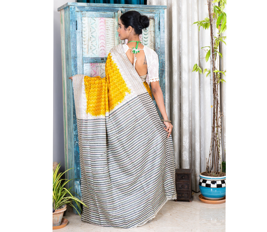 Kantha Stitch on Silk Saree with Jalchuri Pattern - Yellow - ArtisanSoul