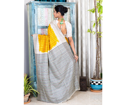 Kantha Stitch on Silk Saree with Jalchuri Pattern - Yellow - ArtisanSoul