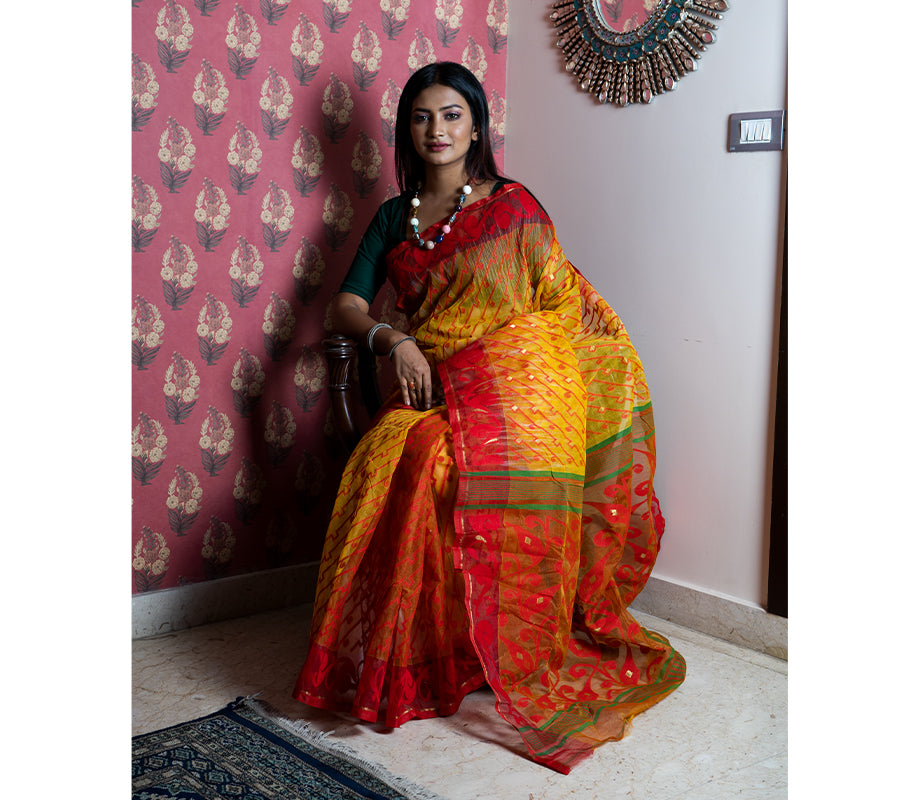 Handloom Jamdani Anchal Kuchi - Red and Yellow