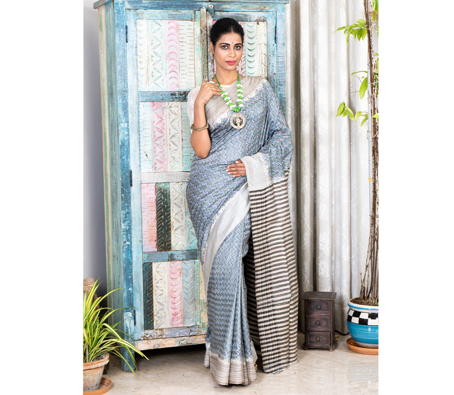 Kantha Stitch on Silk Saree with Jalchuri Pattern - Grey - ArtisanSoul