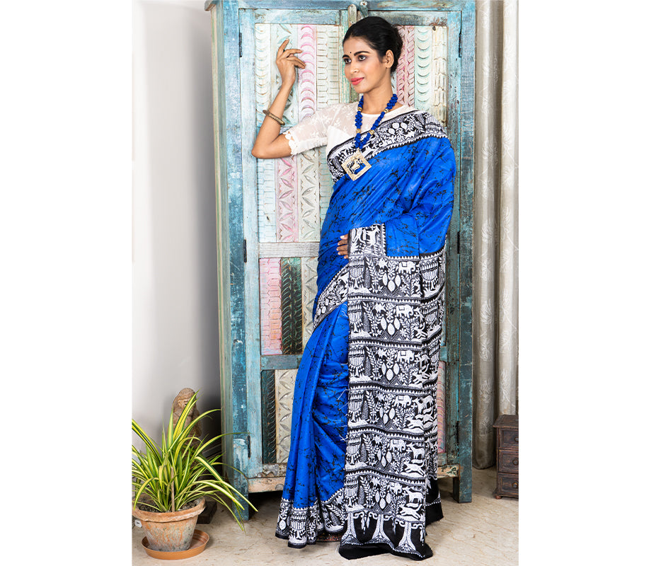 Kantha Stitch Work on Batik Printed Saree - Blue and Black - ArtisanSoul