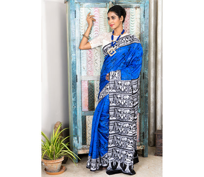Kantha Stitch Work on Batik Printed Saree - Blue and Black - ArtisanSoul