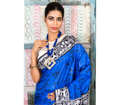 Kantha Stitch Work on Batik Printed Saree - Blue and Black - ArtisanSoul