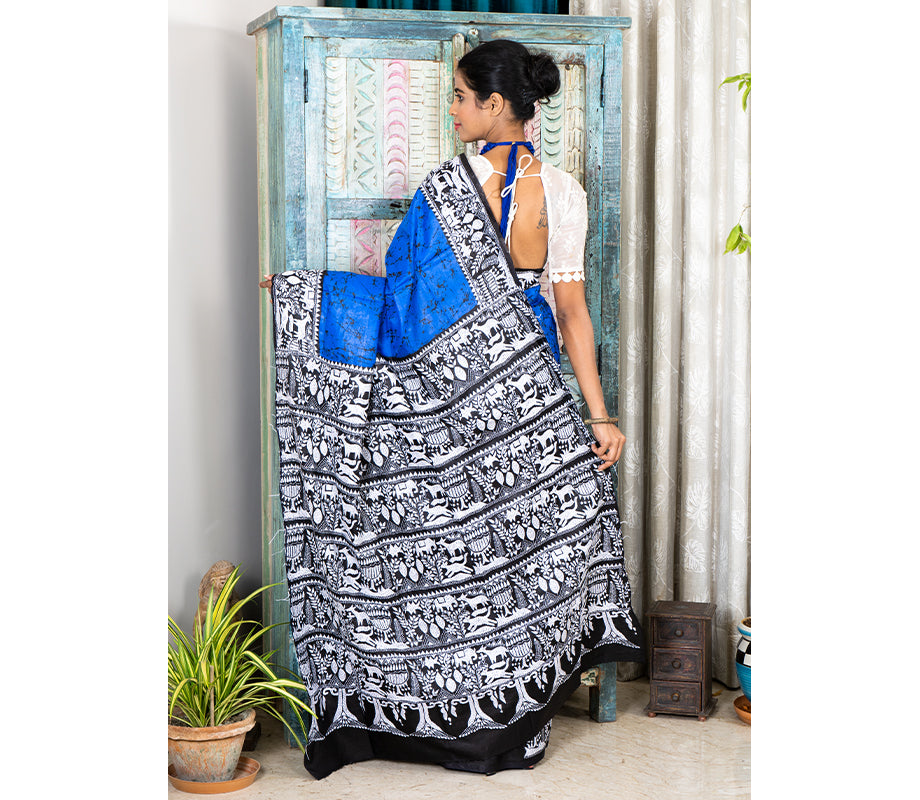 Kantha Stitch Work on Batik Printed Saree - Blue and Black - ArtisanSoul