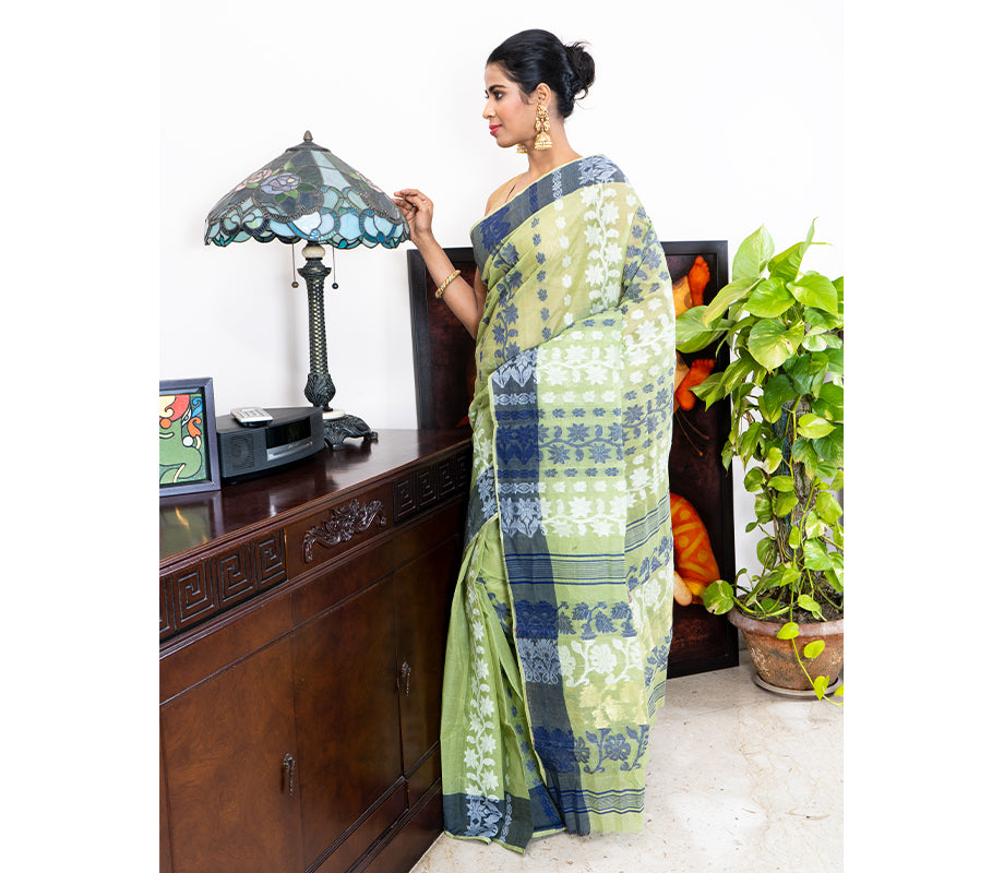 Handloom Jamdani Saree - Sage Green - ArtisanSoul