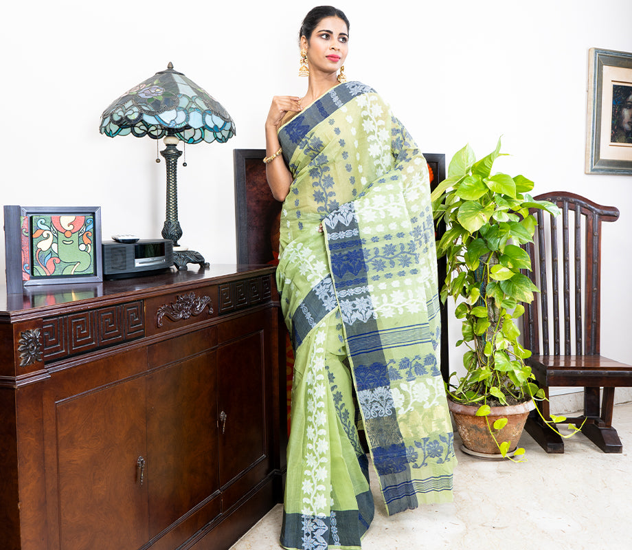 Handloom Jamdani Saree - Sage Green - ArtisanSoul
