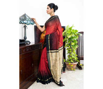 Handloom Ikkat Saree with Gheecha Anchal - Maroon - ArtisanSoul