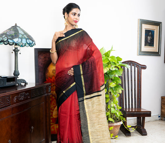 Handloom Ikkat Saree with Gheecha Anchal - Maroon - ArtisanSoul