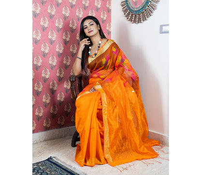 Handloom Muslin Silk Saree with Matka Paar - Orange With Leaf Design