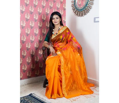 Handloom Muslin Silk Saree with Matka Paar - Orange With Leaf Design