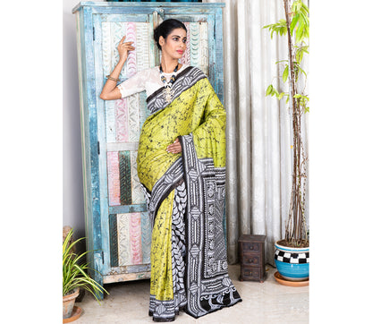 Kantha Stitch Work on Batik Printed Saree - Olive