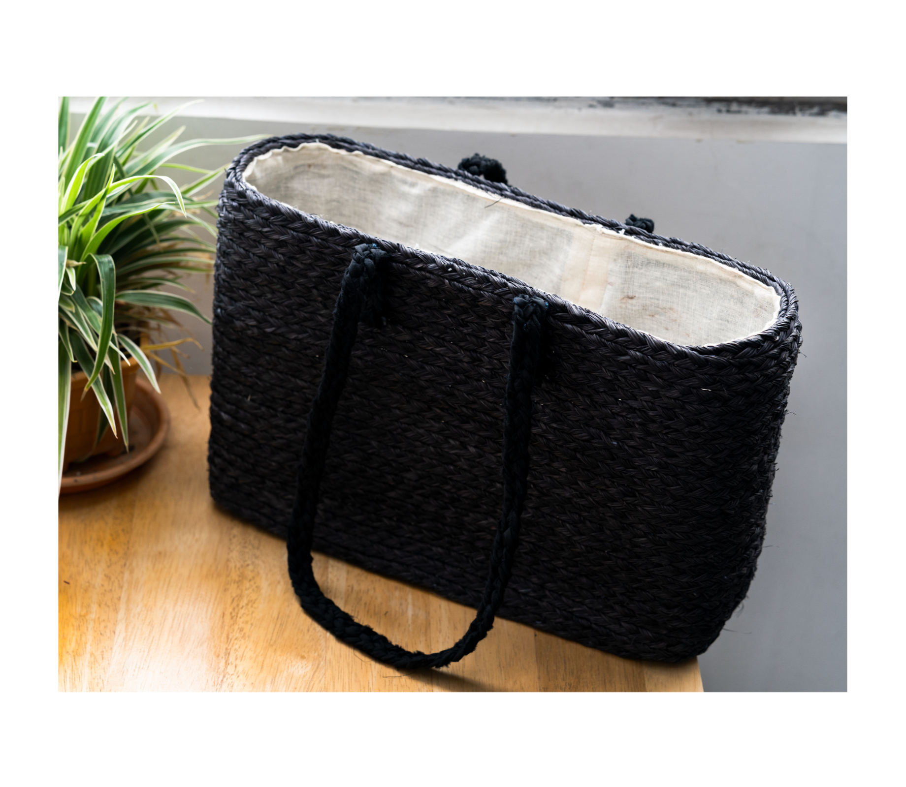 Sabai Grass Hand Bag with Cloth lining - Black (Rectangle) - ArtisanSoul