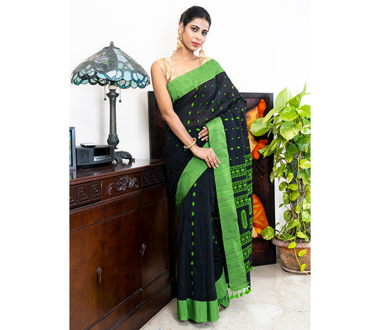 Neemki Kaj on Handloom Saree - Black - ArtisanSoul