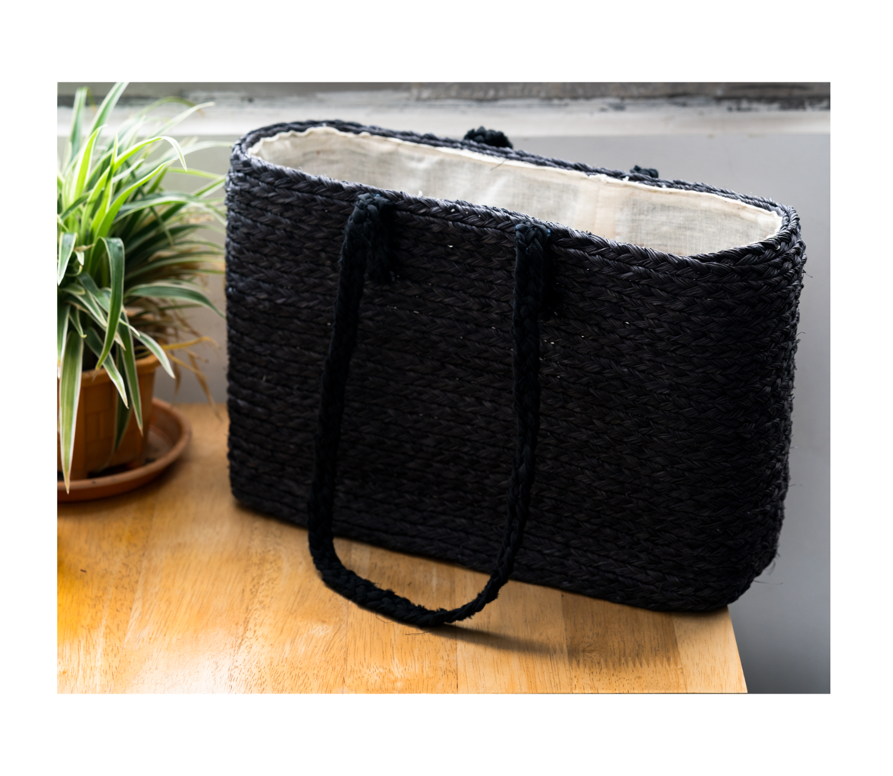 Sabai Grass Hand Bag with Cloth lining - Black (Rectangle) - ArtisanSoul