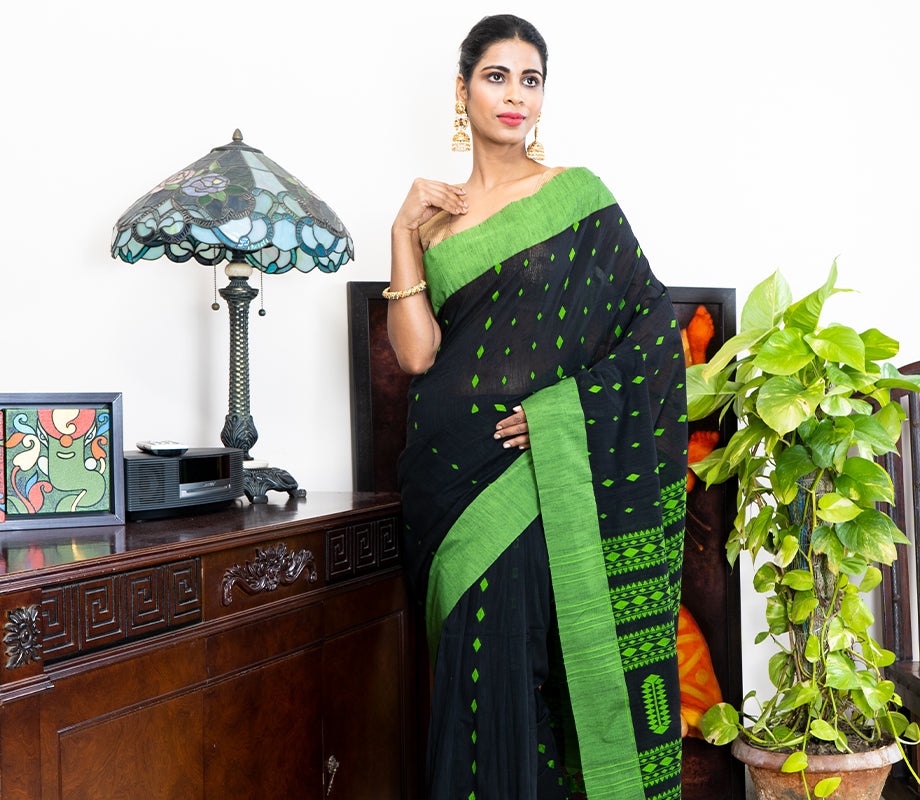 Neemki Kaj on Handloom Saree - Black - ArtisanSoul