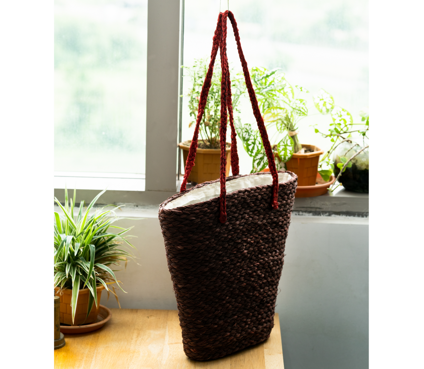 Multi Utility Cloth Lining Bag of Sabai Grass- Brown with Maroon Handel - ArtisanSoul