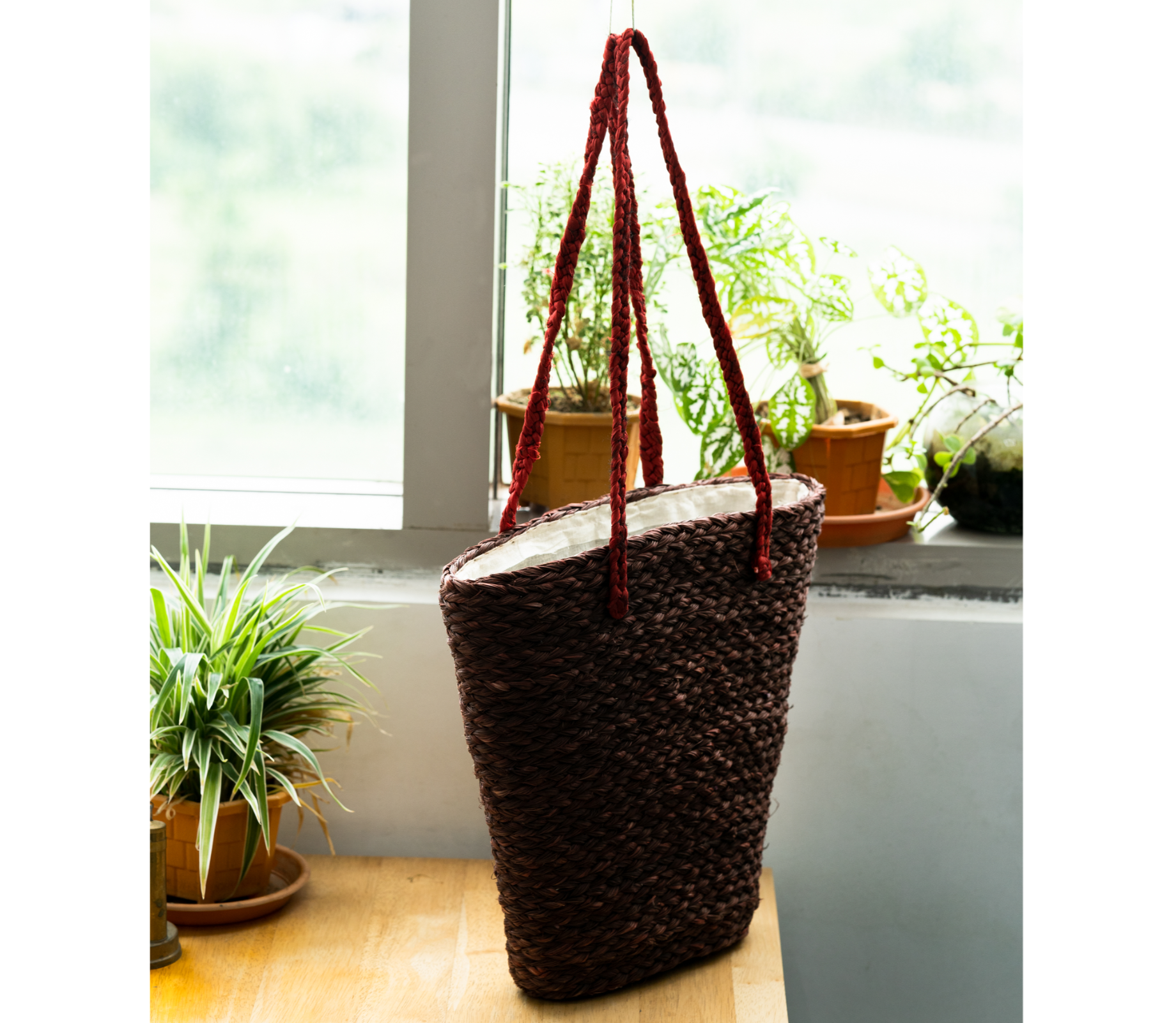 Multi Utility Cloth Lining Bag of Sabai Grass- Brown with Maroon Handel - ArtisanSoul