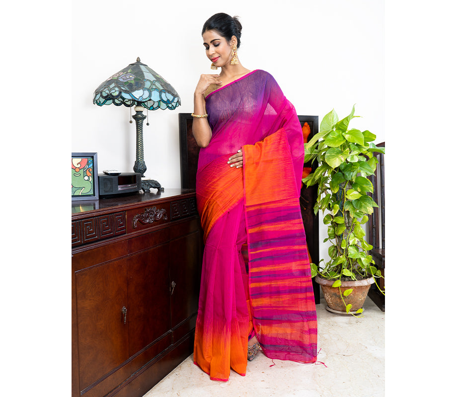 Handloom Ikkat Saree - Orange & Navy Blue on Purple - ArtisanSoul