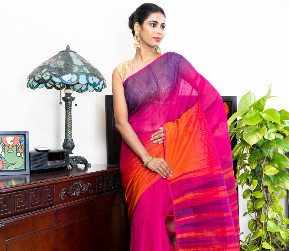 Handloom Ikkat Saree - Orange & Navy Blue on Purple - ArtisanSoul