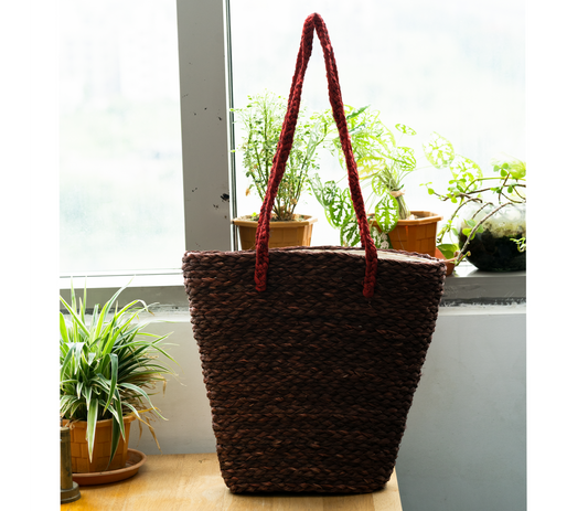 Multi Utility Cloth Lining Bag of Sabai Grass- Brown with Maroon Handel - ArtisanSoul