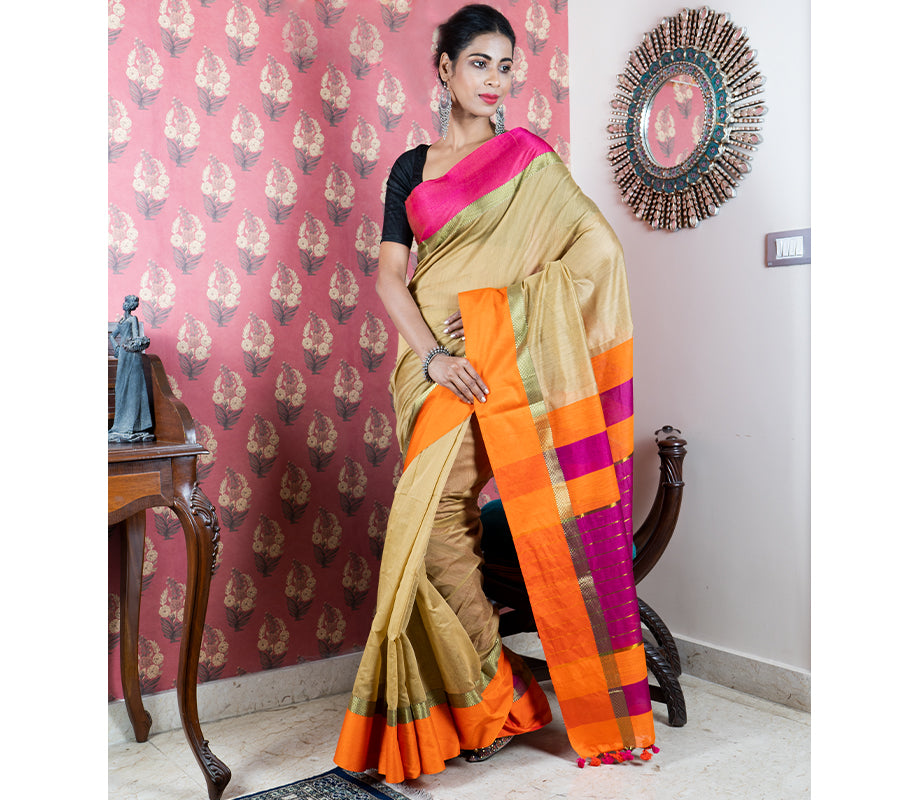 Orange handloom bengal linen saree – GoCoop