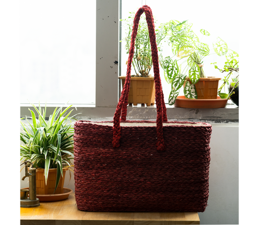 Hand Bag of Sabai Grass from Bengal - Maroon - ArtisanSoul