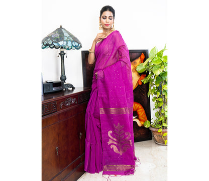 Purple 'Chumki-Kaj' Handloom Saree - ArtisanSoul