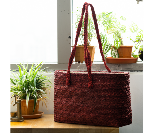 Hand Bag of Sabai Grass from Bengal - Maroon - ArtisanSoul