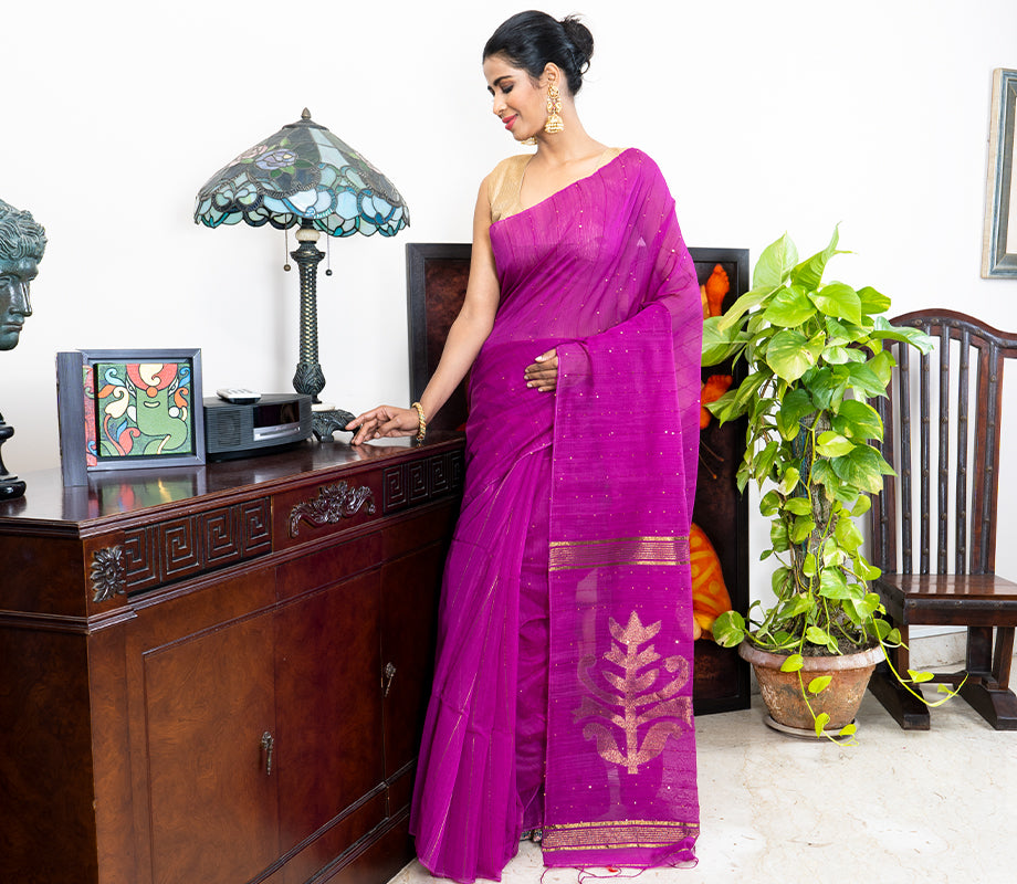 Purple 'Chumki-Kaj' Handloom Saree - ArtisanSoul