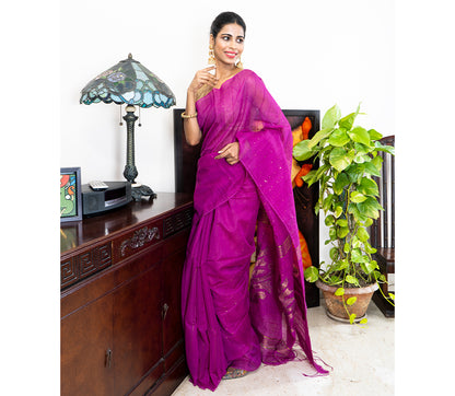 Purple 'Chumki-Kaj' Handloom Saree - ArtisanSoul