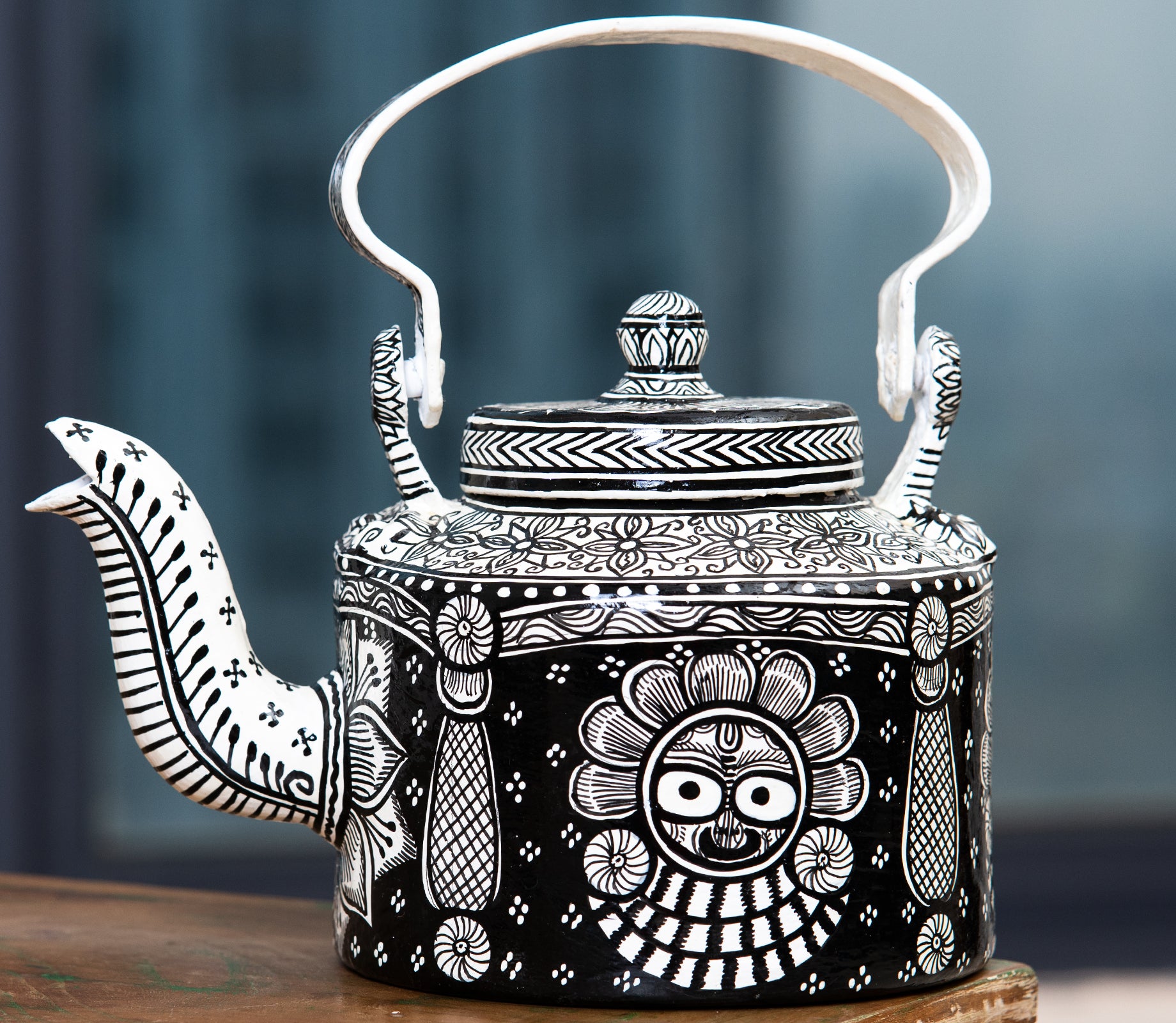 Pattachitra on Aluminium Kettle from Odisha - Black and White - ArtisanSoul