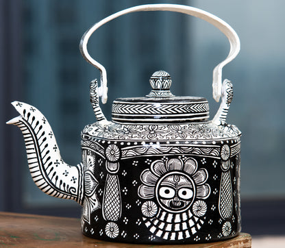 Pattachitra on Aluminium Kettle from Odisha - Black and White - ArtisanSoul