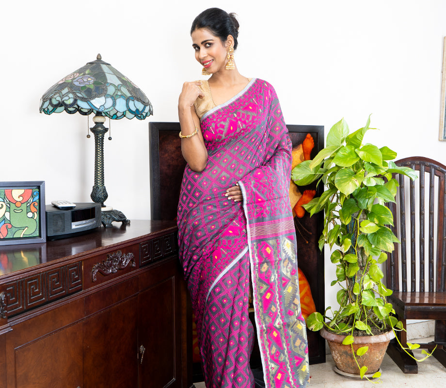 Handloom Jamdani Saree - Purple on Grey - ArtisanSoul