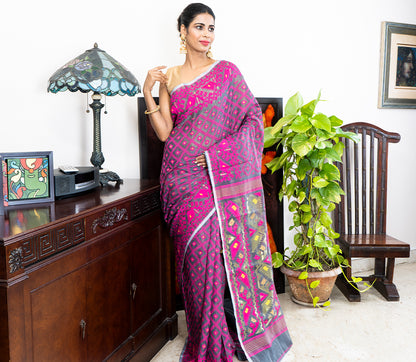 Handloom Jamdani Saree - Purple on Grey - ArtisanSoul