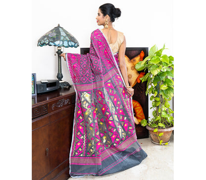 Handloom Jamdani Saree - Purple on Grey - ArtisanSoul
