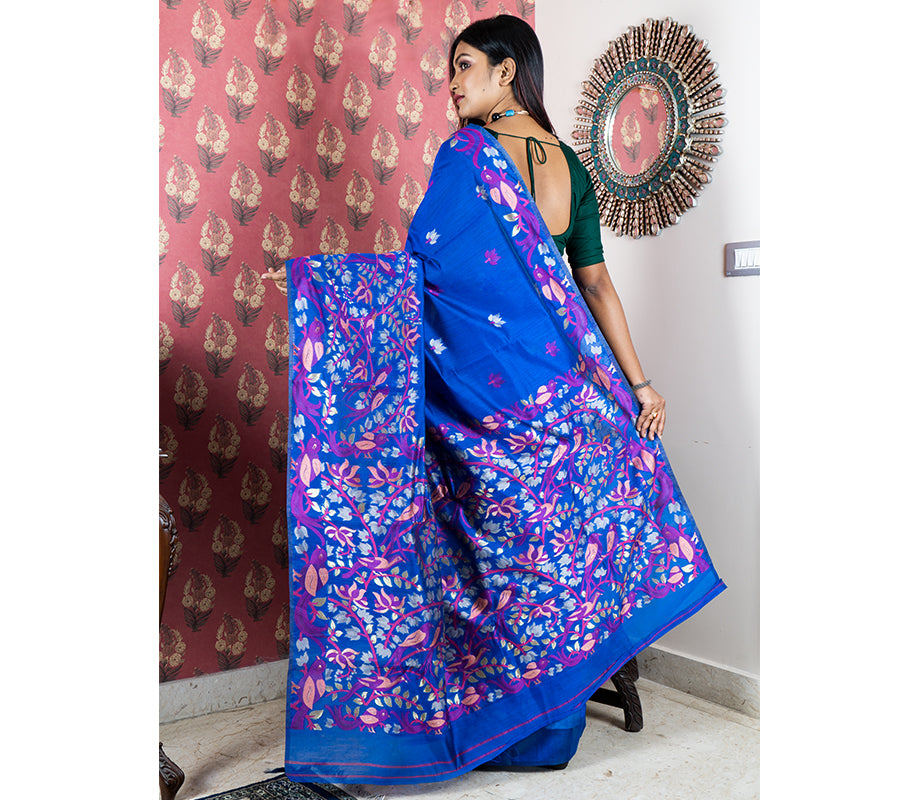 Handloom Cotton Silk Saree with Flower Patterns - Navy Blue - ArtisanSoul
