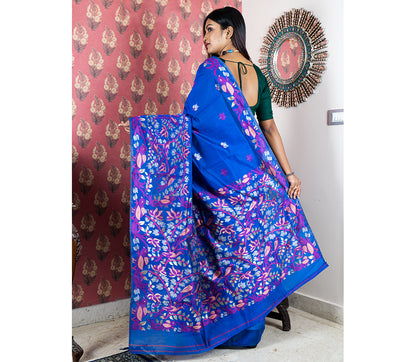 Handloom Cotton Silk Saree with Flower Patterns - Navy Blue - ArtisanSoul