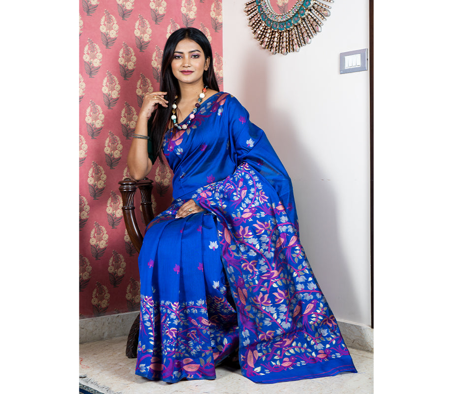 Handloom Cotton Silk Saree with Flower Patterns - Navy Blue - ArtisanSoul