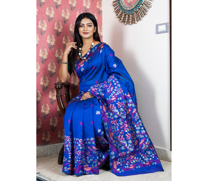 Handloom Cotton Silk Saree with Flower Patterns - Navy Blue - ArtisanSoul