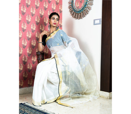 Handloom Muslin Silk Saree - White - ArtisanSoul