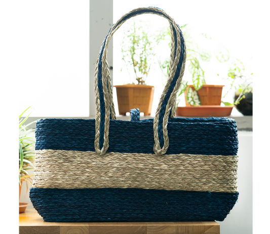 Hand bag of Sabai Grass from Bengal - Natural & Blue - ArtisanSoul