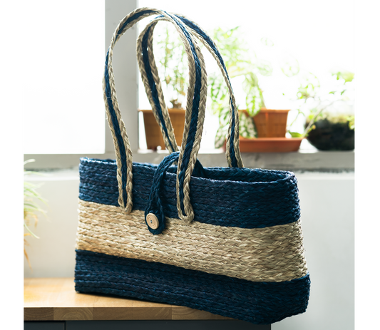 Hand bag of Sabai Grass from Bengal - Natural & Blue - ArtisanSoul