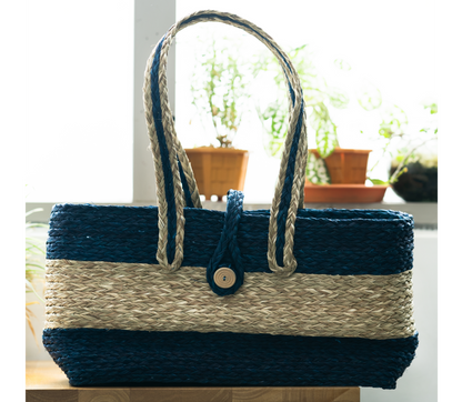 Hand bag of Sabai Grass from Bengal - Natural & Blue - ArtisanSoul